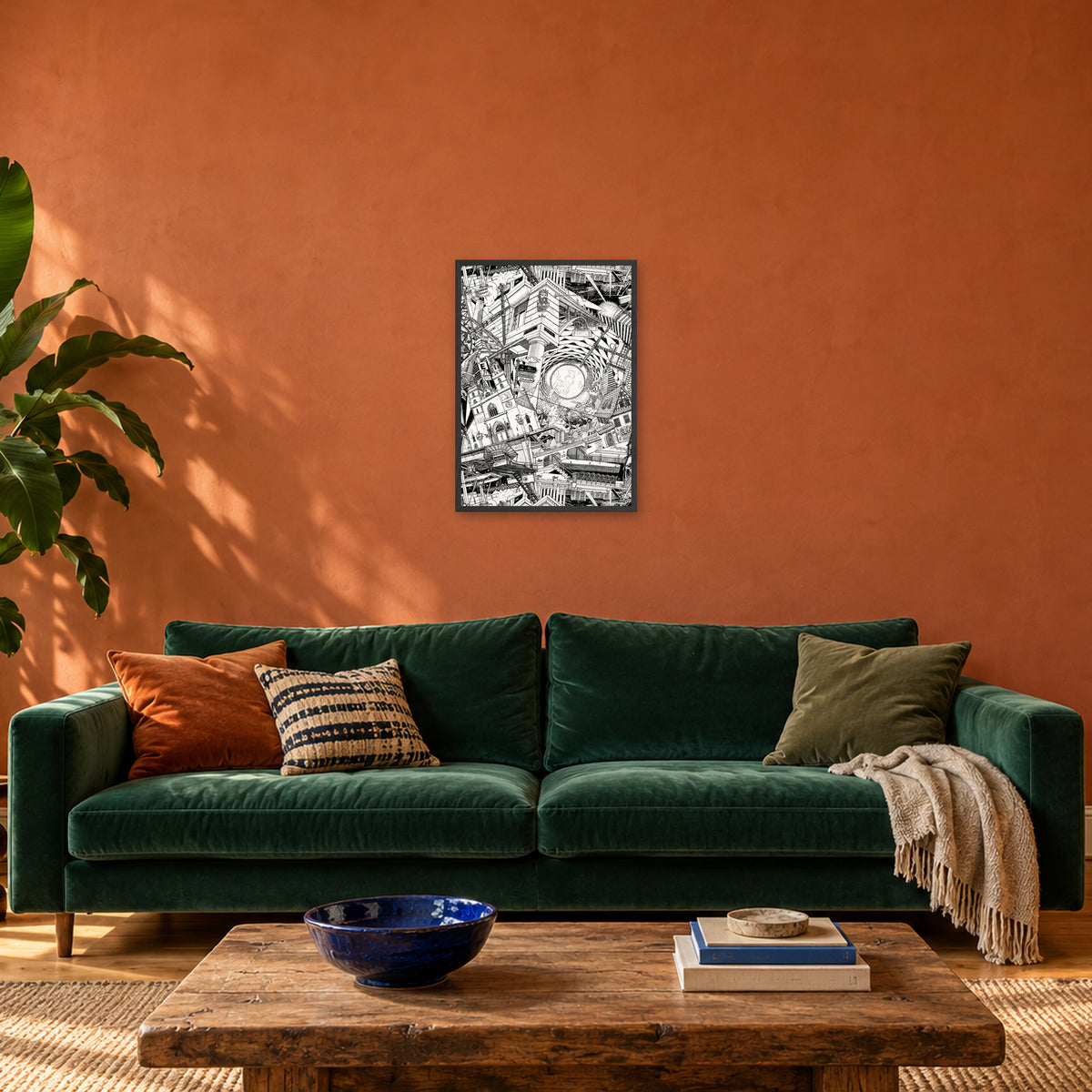 Basel fine art poster A2 portrait in a black wood frame above a green velvet sofa in a terracotta living room