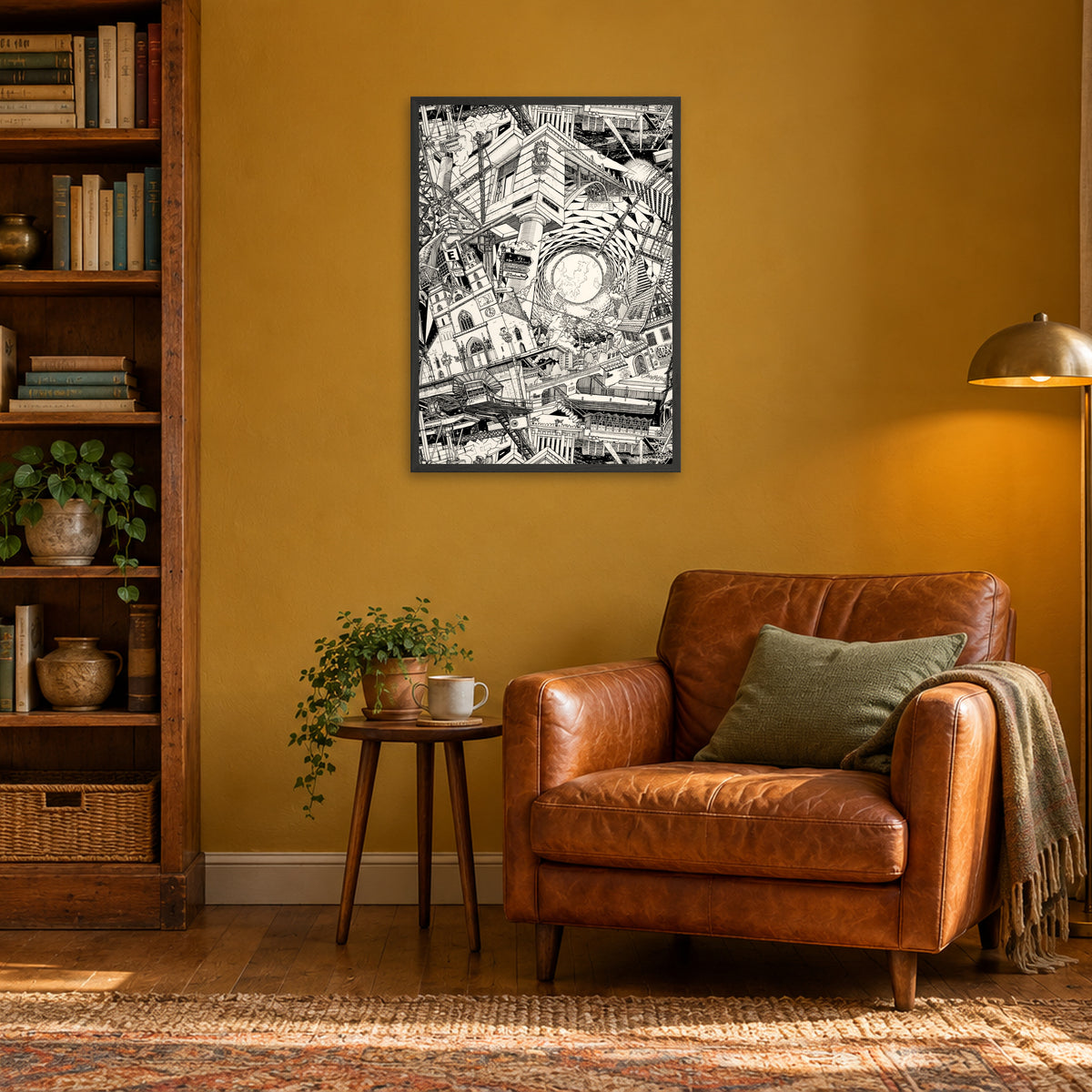 Basel fine art poster A1 portrait in a black wood frame above a leather armchair in a mustard-yellow reading corner