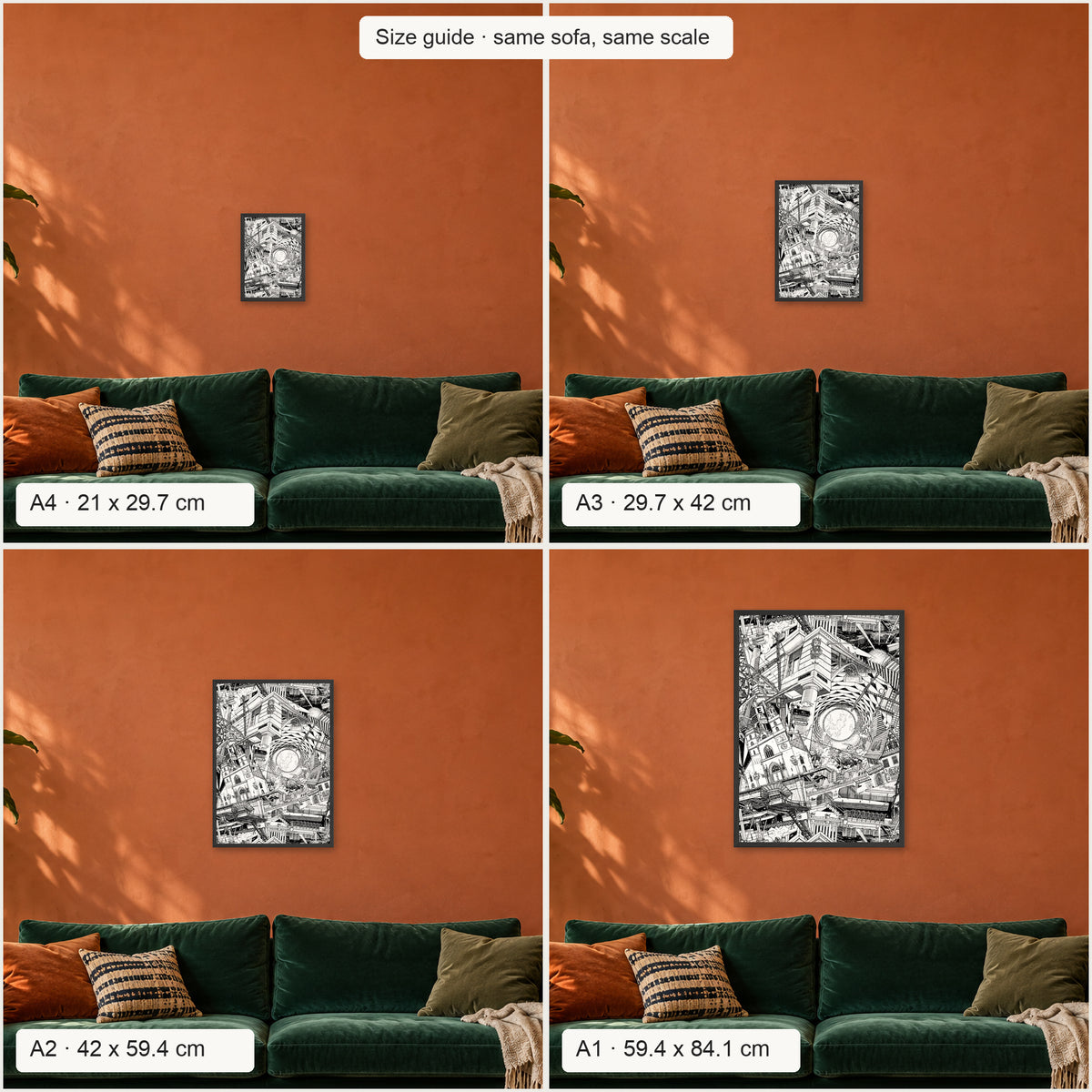 Size guide: Basel portrait poster in A4, A3, A2 and A1 above the same sofa, to scale
