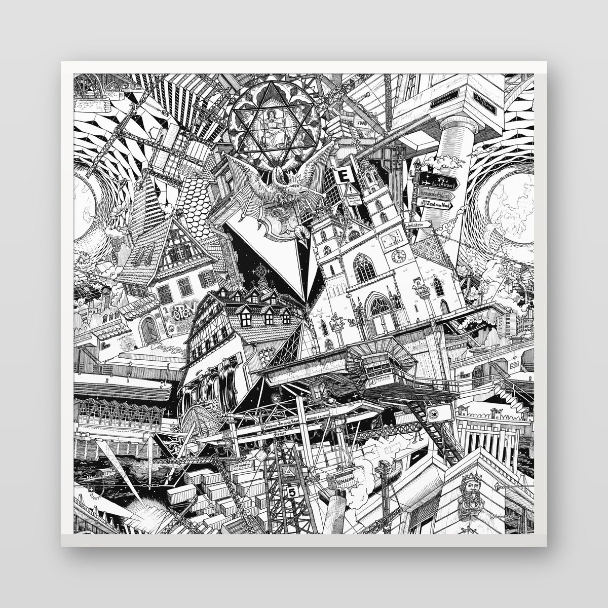 Basel fine art poster in a white wood frame with plexiglass