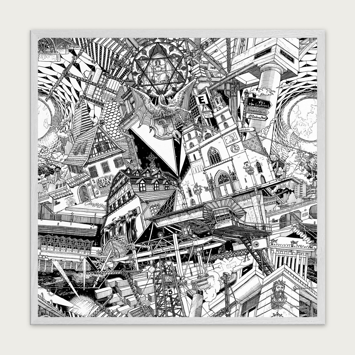 Basel fine art poster in a white wood frame with plexiglass