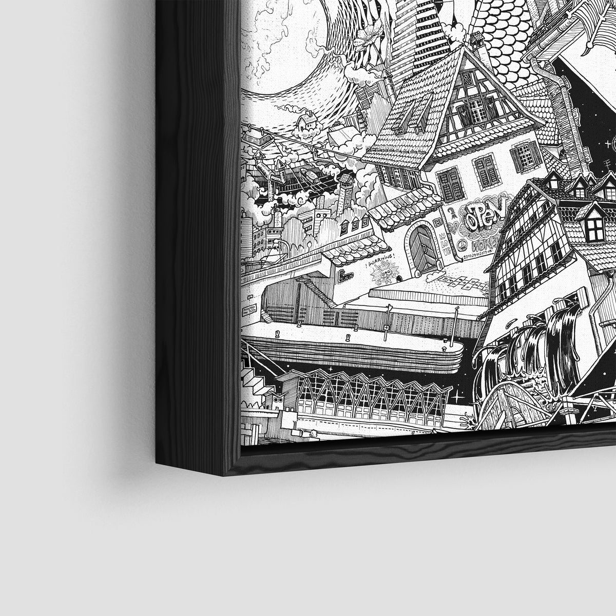 Close-up of a black-framed Basel city canvas, showing intricate details like traditional houses, the water mill, the dam, and the event hall.