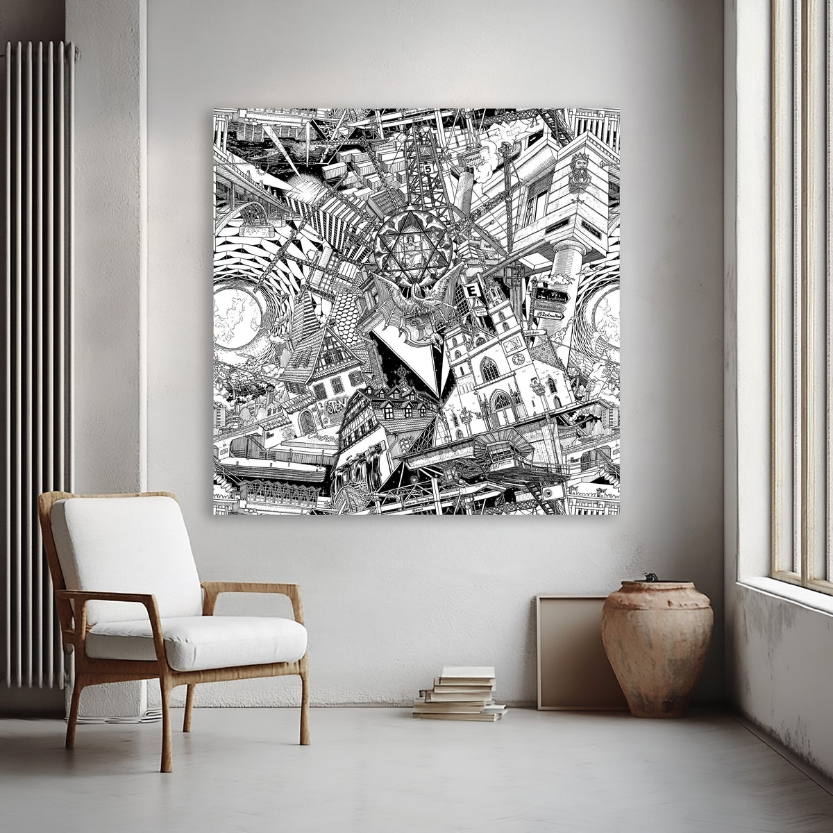 An oversized Basel cityscape in black-and-white, capturing the Minster, traditional houses, and Basel’s vibrant harbour life.