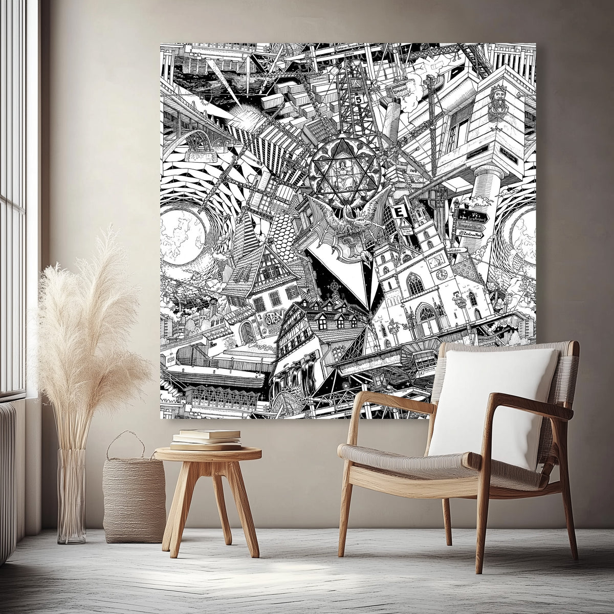 A massive hand-drawn Basel canvas, in black-and-white, filled with rich details like the Basilisk mascot and historic architecture.