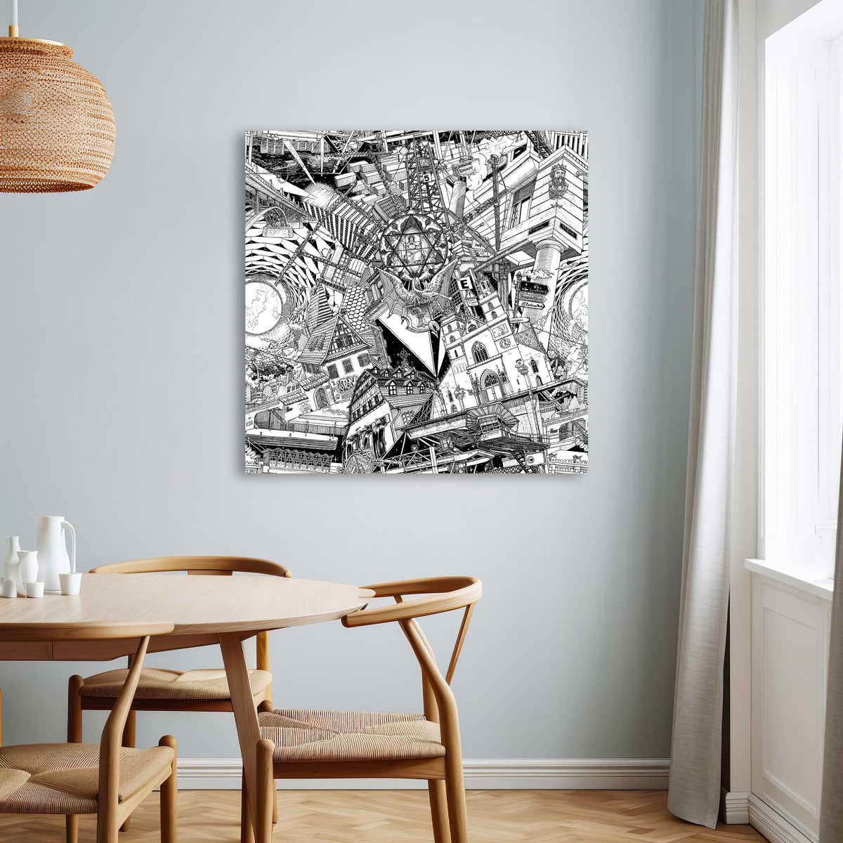 80 cm Basel canvas artwork, a hand-drawn black-and-white cityscape featuring the Basel Minster, Mittlere Brücke, and historic old town architecture.