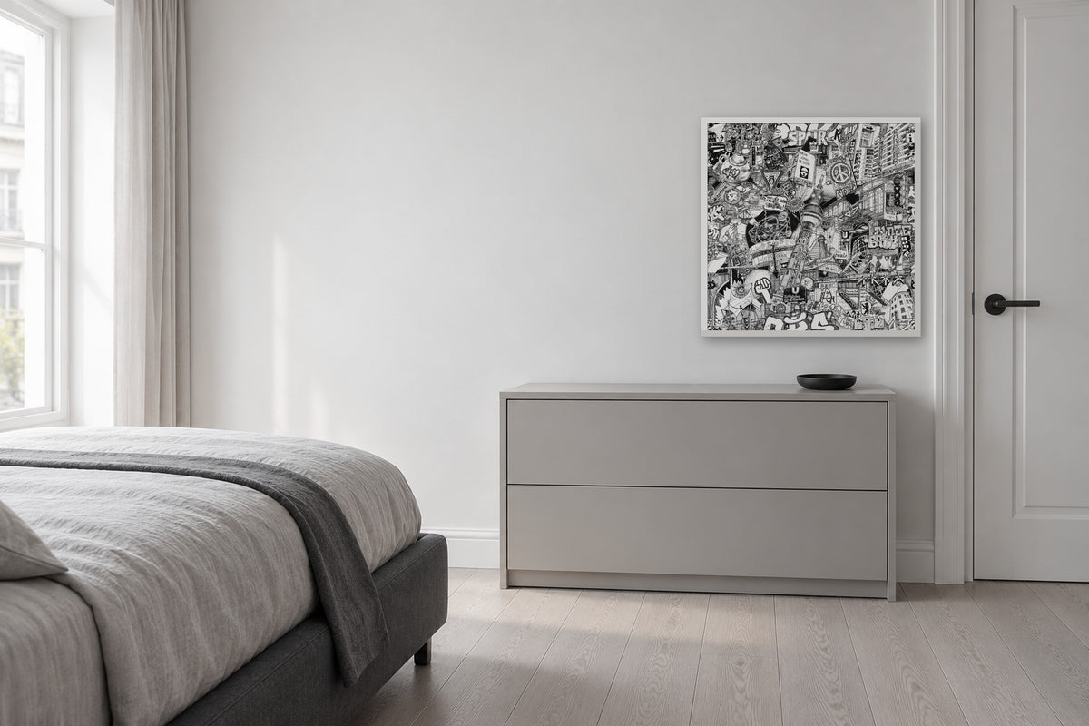Berlin fine art poster 50 × 50 cm in a white wood frame in a bedroom above a chest of drawers