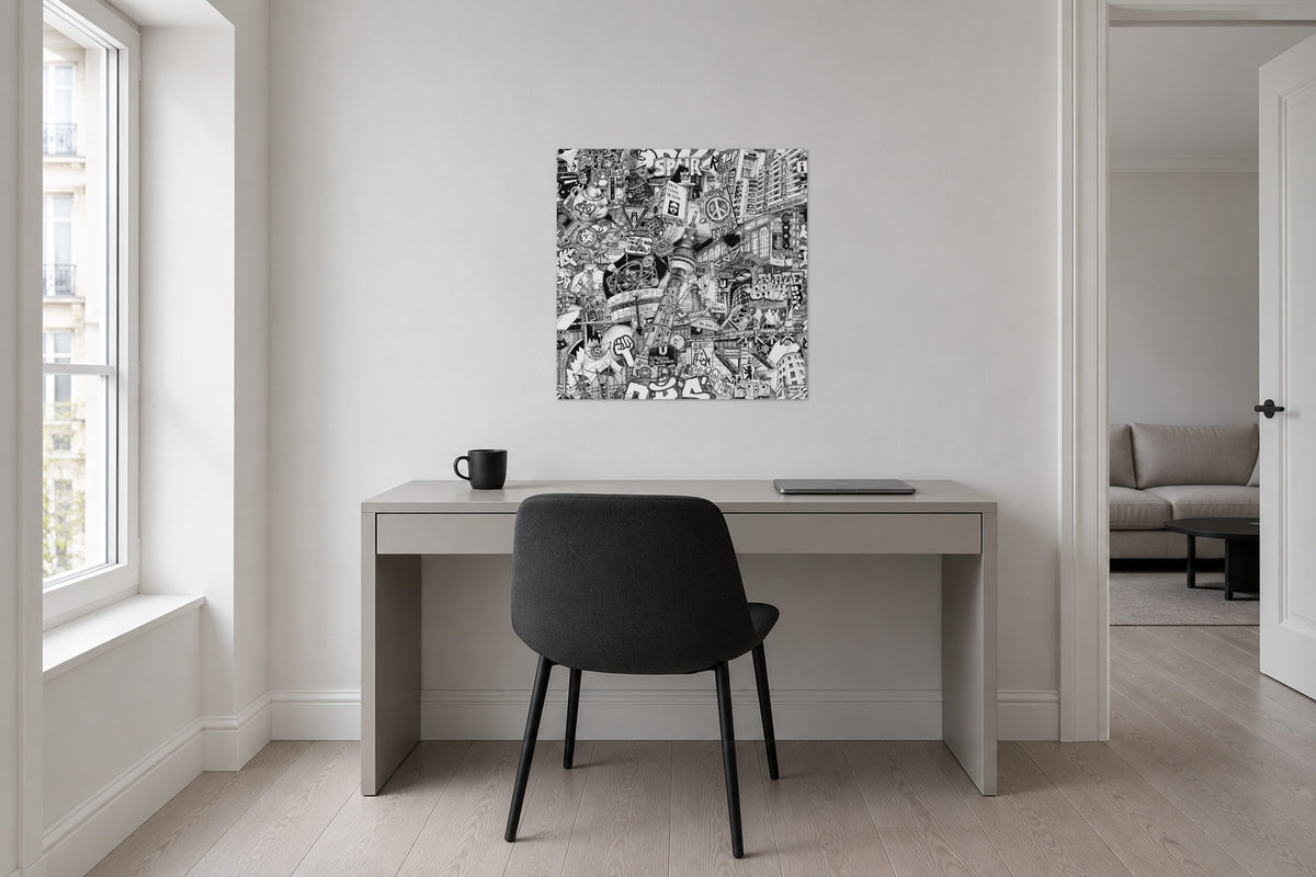Unframed Berlin fine art poster 50 × 50 cm above a desk