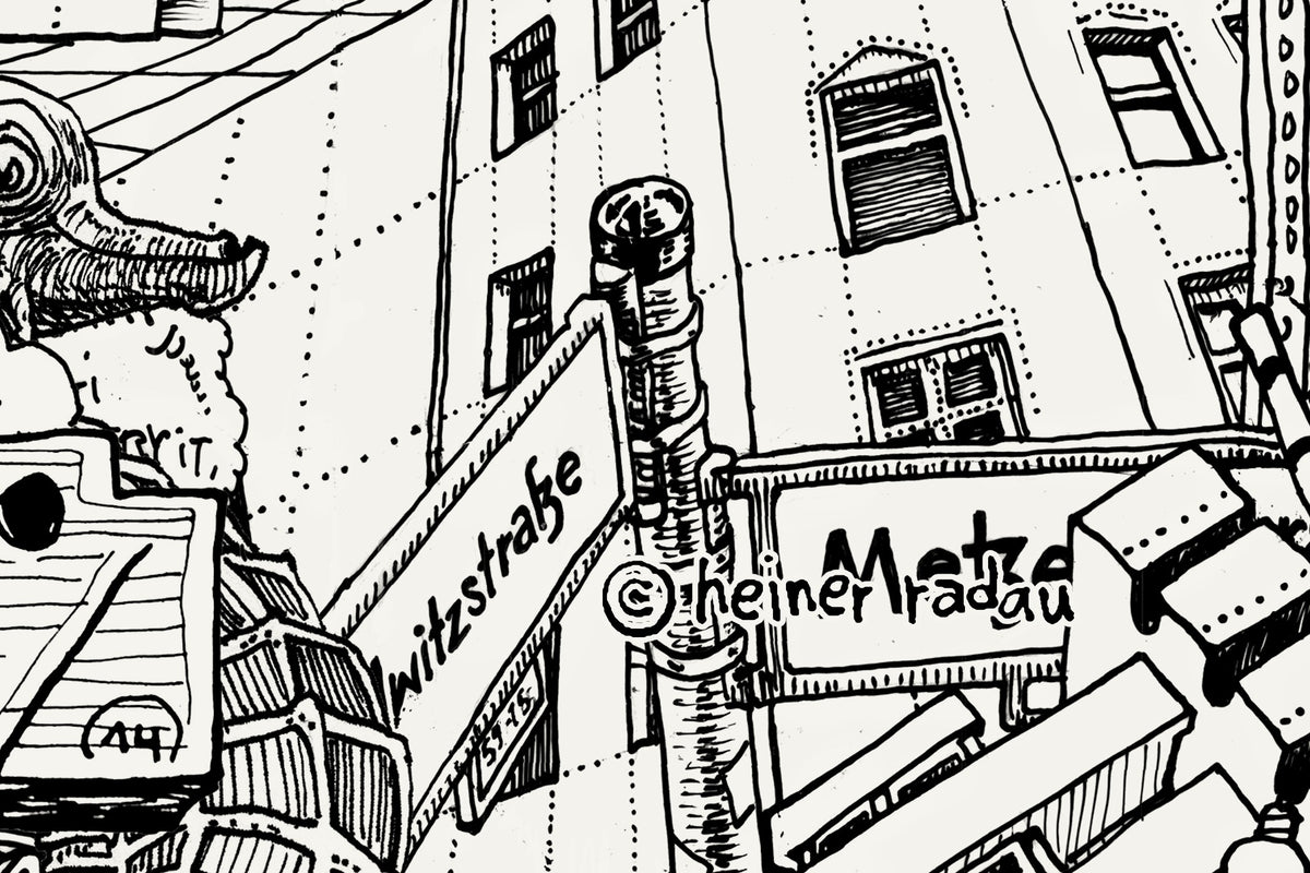 Close-up of the Berlin ink drawing with the hand-written © heiner radau signature in the lower right corner