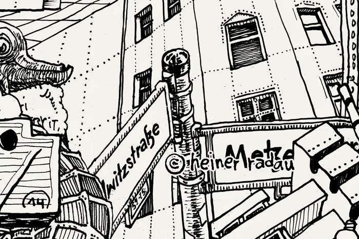 Close-up of the Berlin ink drawing with the hand-written © heiner radau signature in the lower right corner