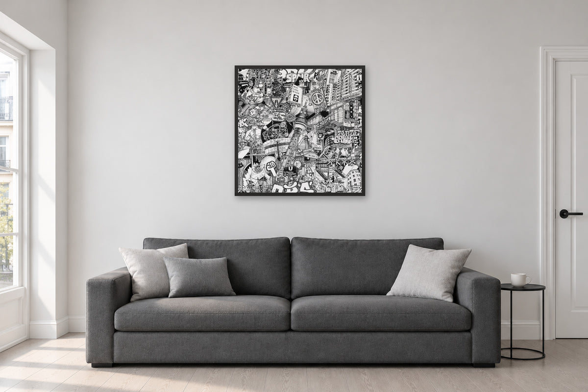 Berlin fine art poster 70 × 70 cm in a black wood frame above a sofa