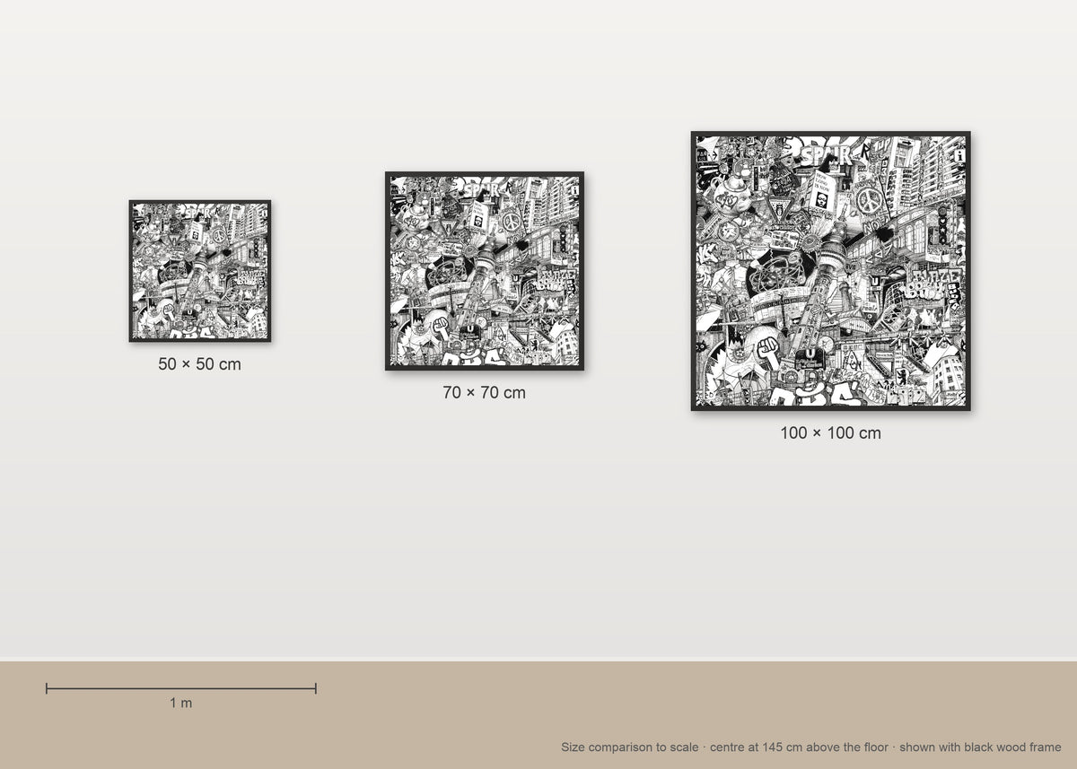 Size comparison of the Berlin fine art poster in 50 × 50, 70 × 70 and 100 × 100 cm, to scale on a wall