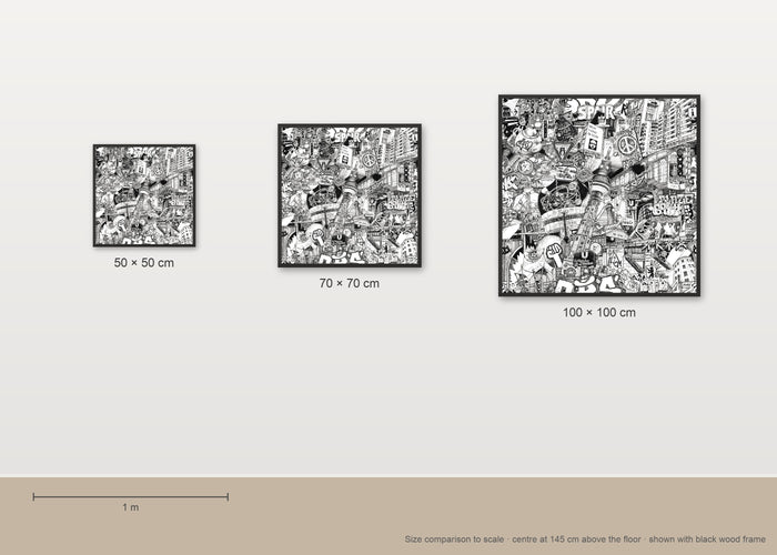 Size comparison of the Berlin fine art poster in 50 × 50, 70 × 70 and 100 × 100 cm, to scale on a wall