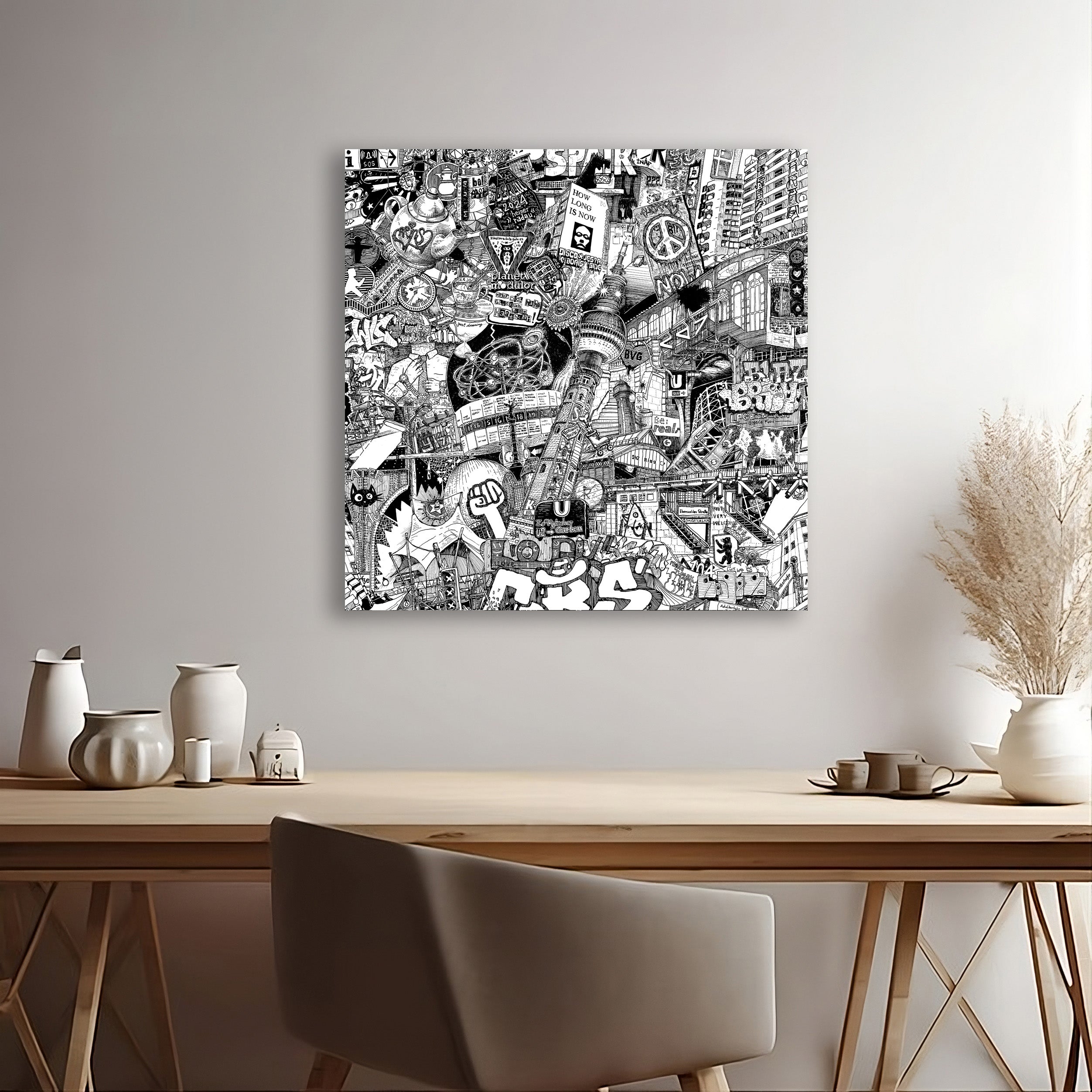 Schwarz-weiße Grafik der Berliner Skyline mit Street Art und Graffiti, gezeichnet mit Tinte und Feder, ideal für moderne Inneneinrichtung.