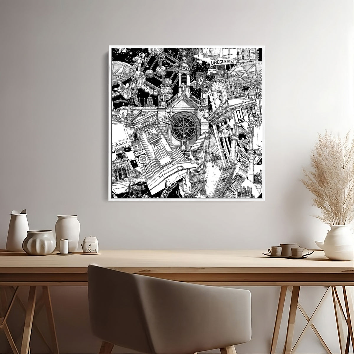 50 cm Brussels canvas, a hand-drawn black-and-white cityscape featuring Tintin, the Atomium, Manneken Pis and Belgian comic culture in detailed ink linework.