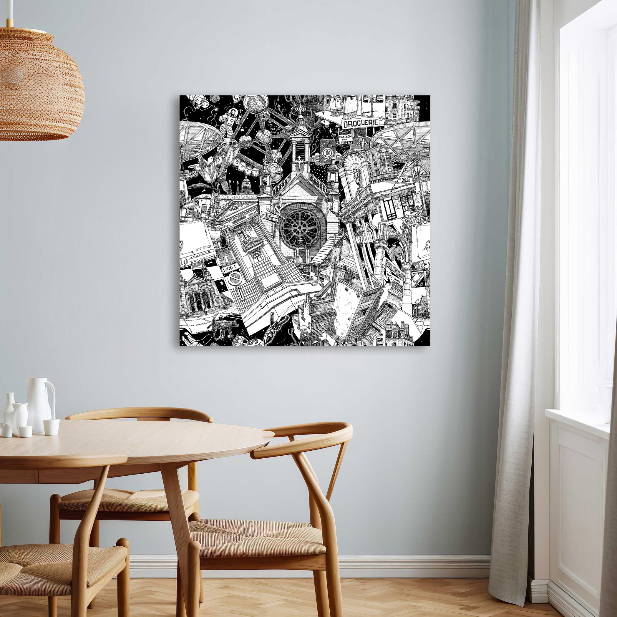 A detailed black-and-white Brussels cityscape on canvas, capturing icons like the Atomium, Tintin, and the city’s vibrant local culture