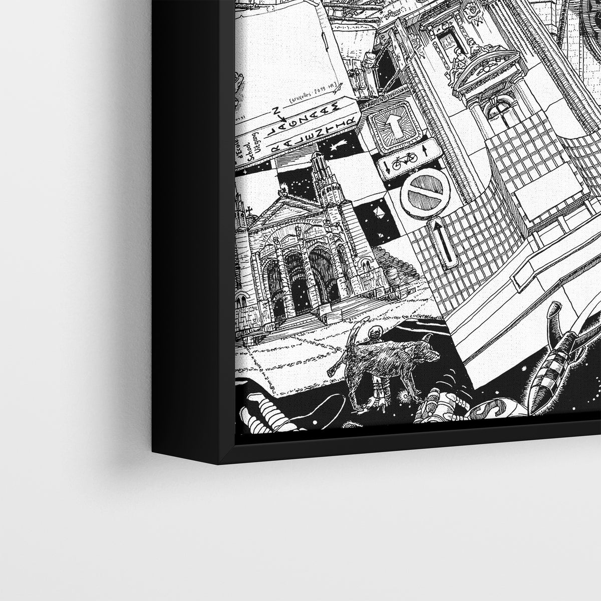 Close-up of Brussels canvas in a black frame, revealing intricate details of the Atomium, Manneken Pis, and Belgian beer culture in hand-drawn black ink.