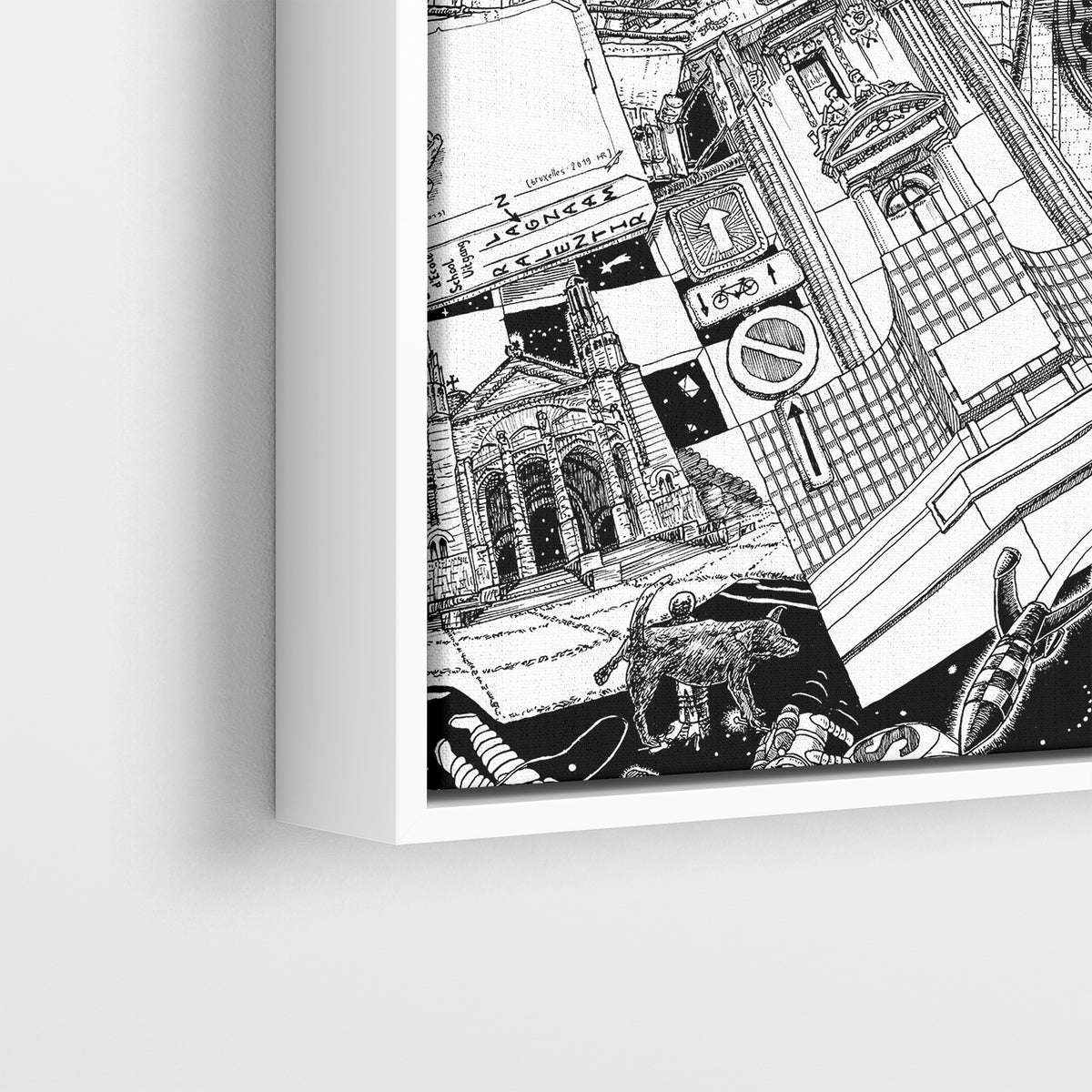 Close-up of Brussels canvas in a white frame, highlighting Tintin, the Atomium, Manneken Pis and Belgian street scenes in black-and-white line art.