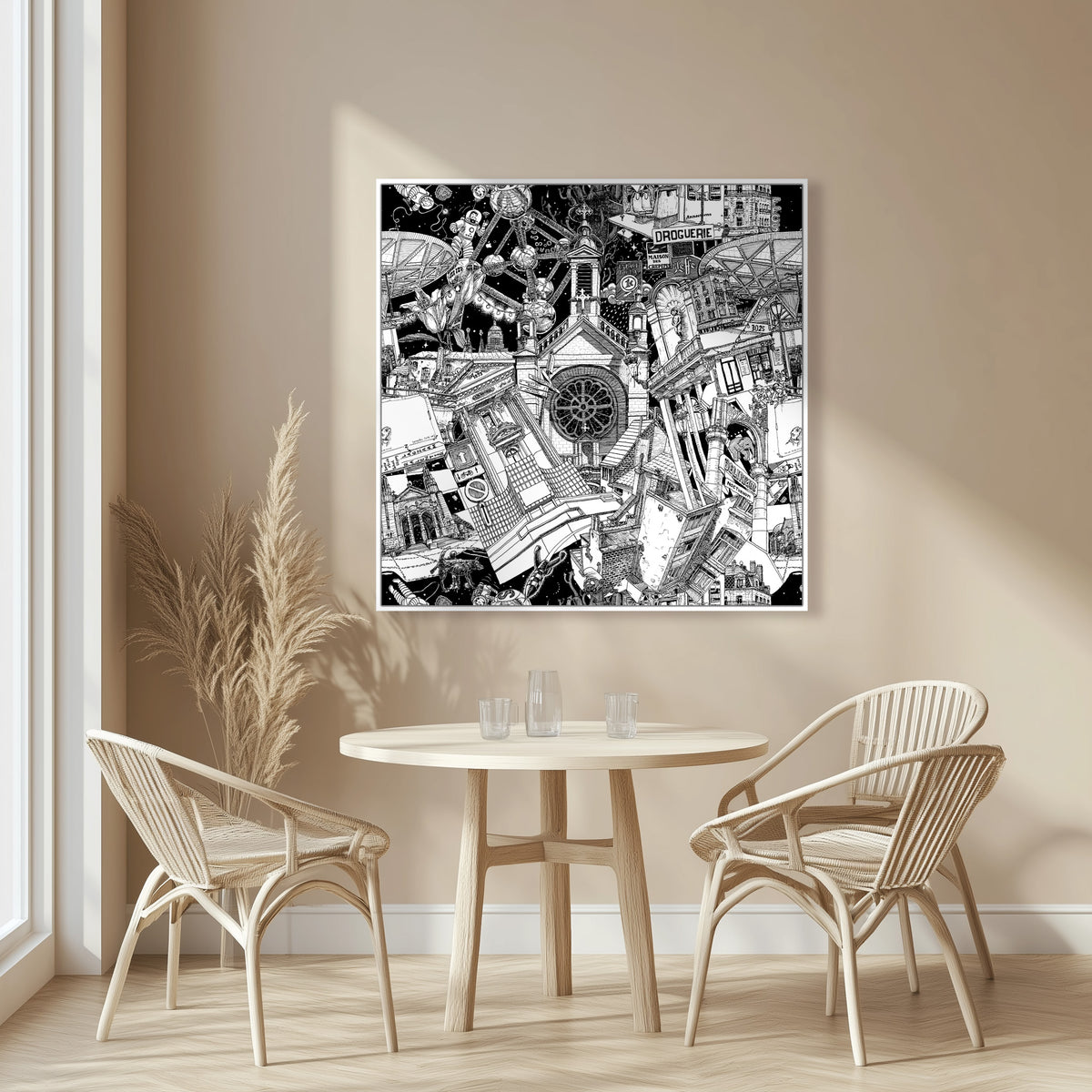 Un grand tableau noir et blanc de Bruxelles avec des détails célèbres comme le Manneken Pis, l’Atomium et la Bourse, encadré en blanc pour un style contemporain et lumineux