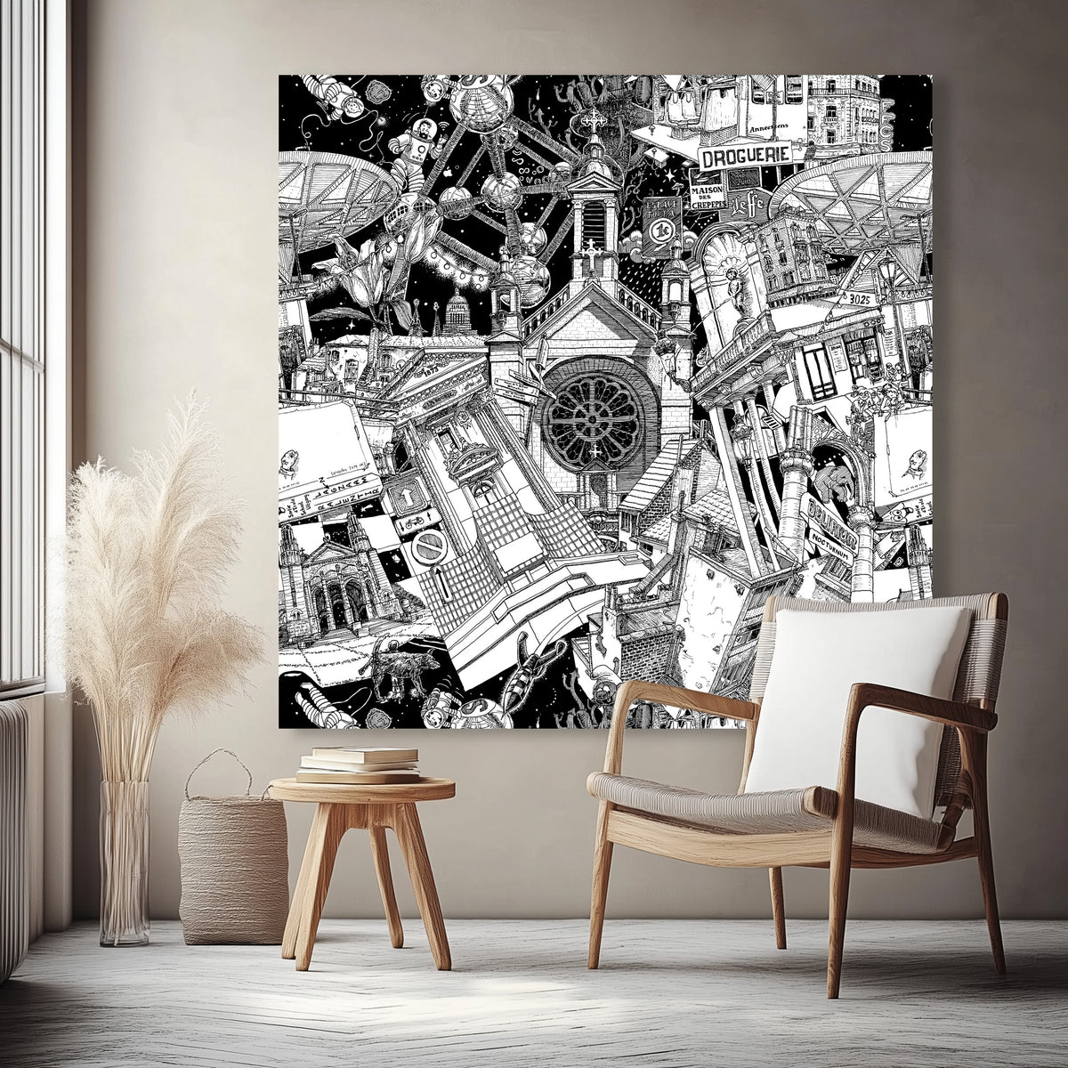 Black-and-white canvas print showcasing Brussels’ iconic architecture and city monuments, displayed in a stylish and modern interior design