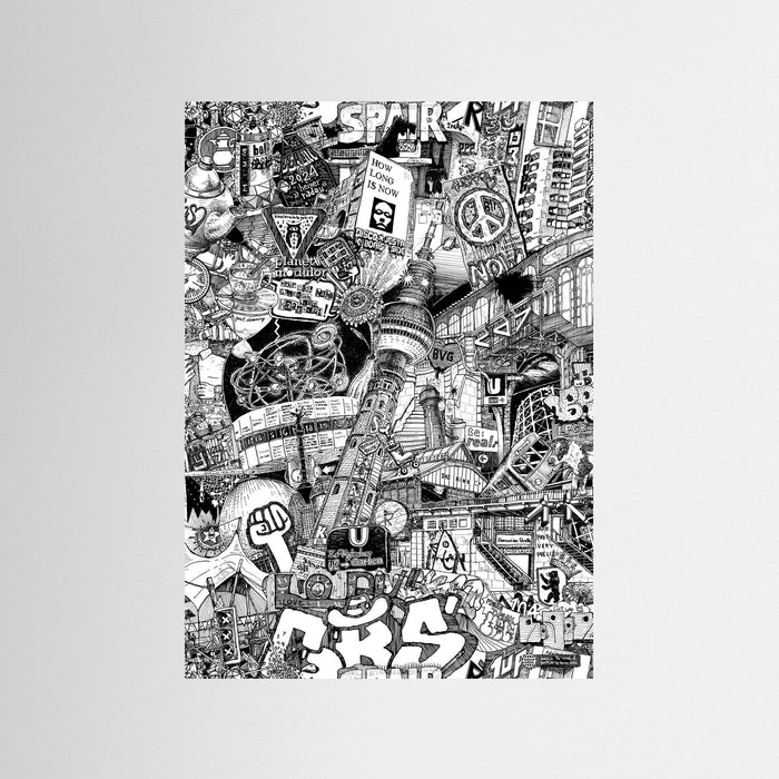 Vertical Berlin poster print with hand-drawn black and white city collage, planet modulor, U2 Zoologischer Garten and Eberswalder Straße details.