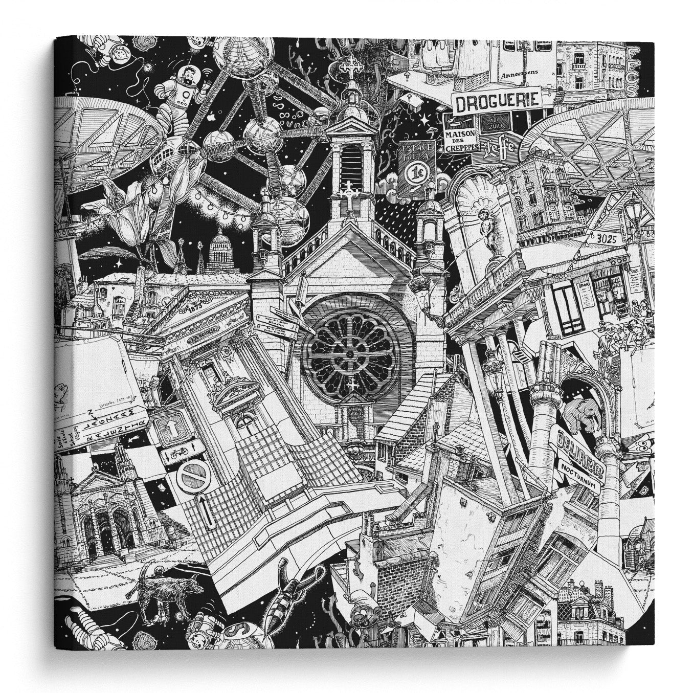A black-and-white Brussels canvas artwork featuring Tintin, the Atomium, and Manneken Pis, perfect for modern interiors and art lovers.