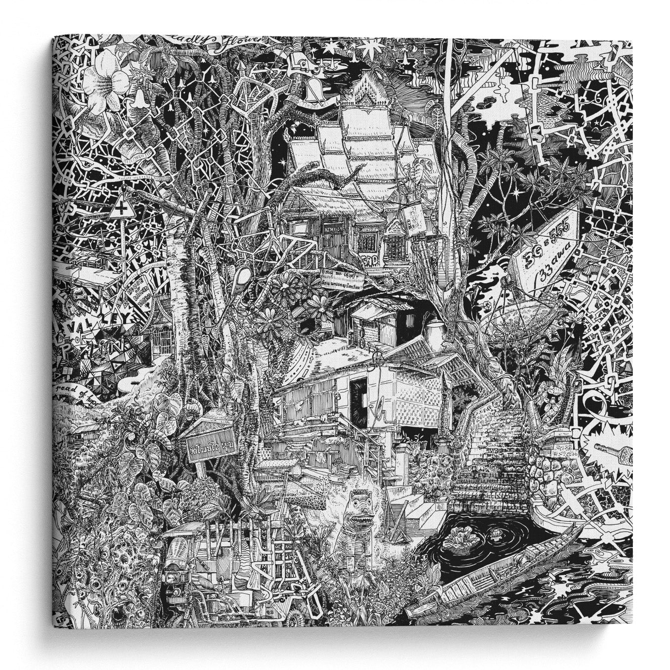 Hand-drawn Laos canvas of Luang Prabang in black and white, featuring temples, boats, lush jungle, and Laotian street art.
