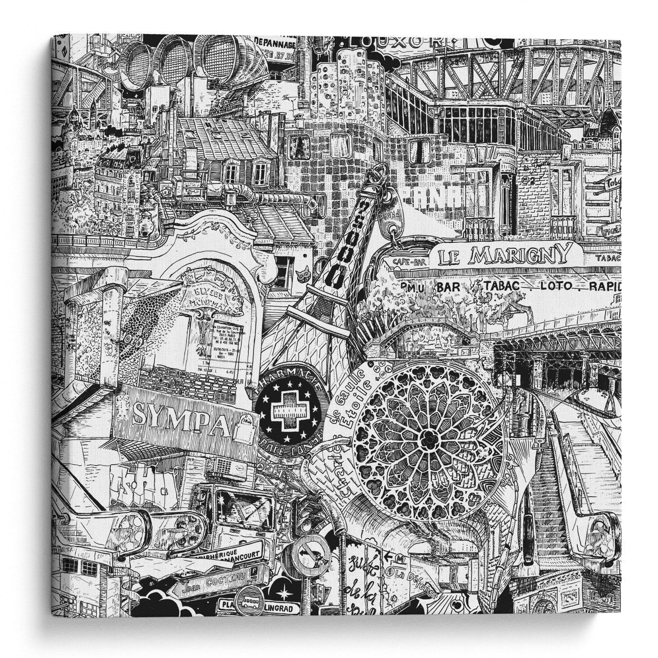 Toile de Paris en noir et blanc dessiné à la main, mélangeant des icônes comme la Tour Eiffel, le Sacré-Cœur et des scènes urbaines authentiques, parfait pour un intérieur moderne.