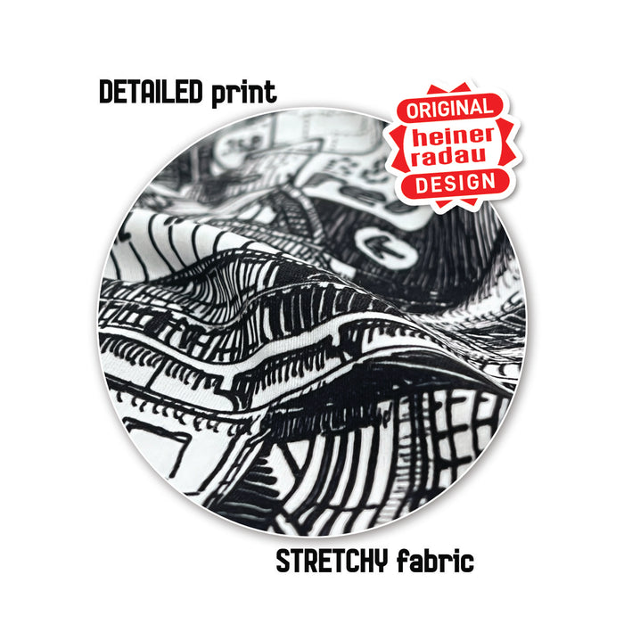 Close-up of black and white Berlin T-shirt print on stretchy fabric