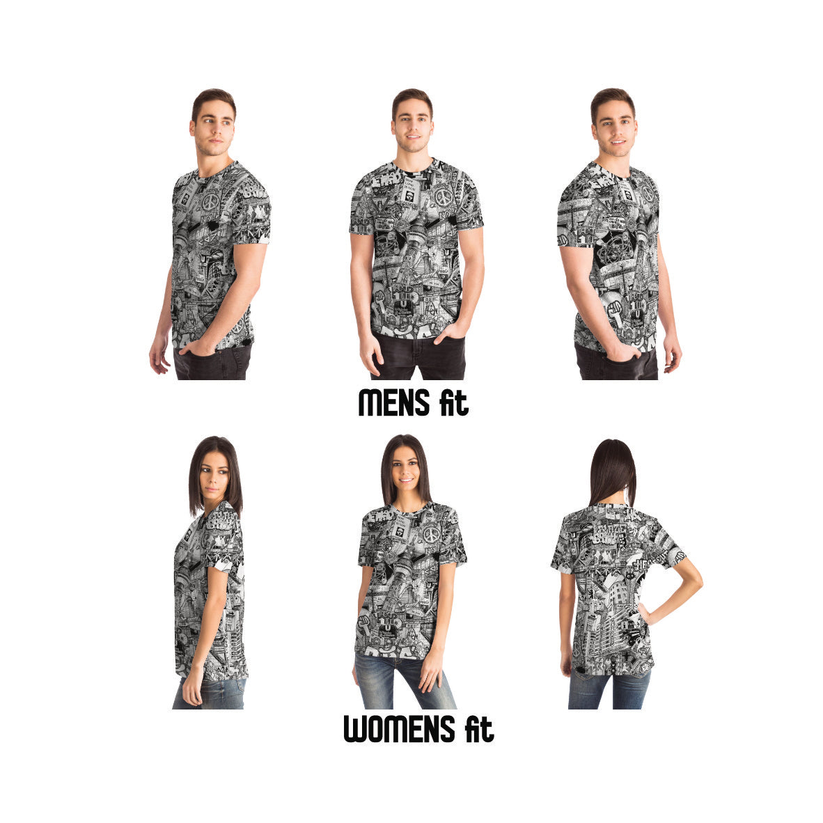 Men and women modeling Berlin all over print T-shirt from front, side and back