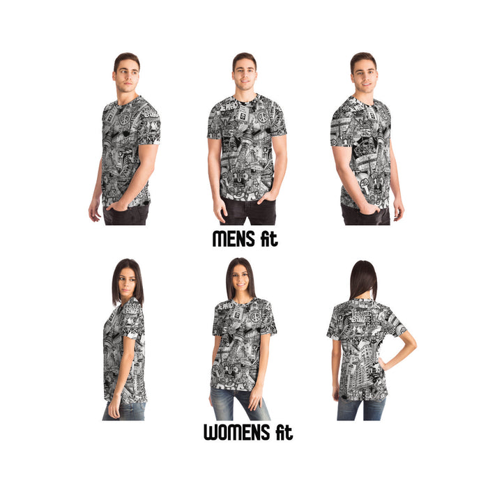 Men and women modeling Berlin all over print T-shirt from front, side and back