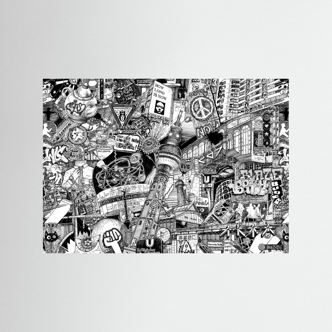 Horizontal Berlin poster print with hand-drawn black and white city collage, Zentrum Kreuzberg, planet modulor, S42 Ring and U2 Zoologischer Garten details.