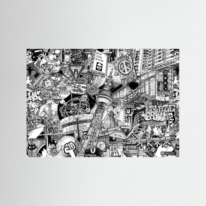 Horizontal Berlin poster print with hand-drawn black and white city collage, Zentrum Kreuzberg, planet modulor, S42 Ring and U2 Zoologischer Garten details.
