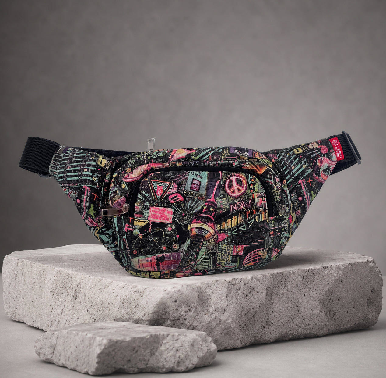 Berlin Bauchtasche Color Edition — Vorderansicht mit farbenfrohem Berlin-Panorama auf Steinuntergrund, live vor Ort gezeichnet | Heiner Radau Travel & Draw