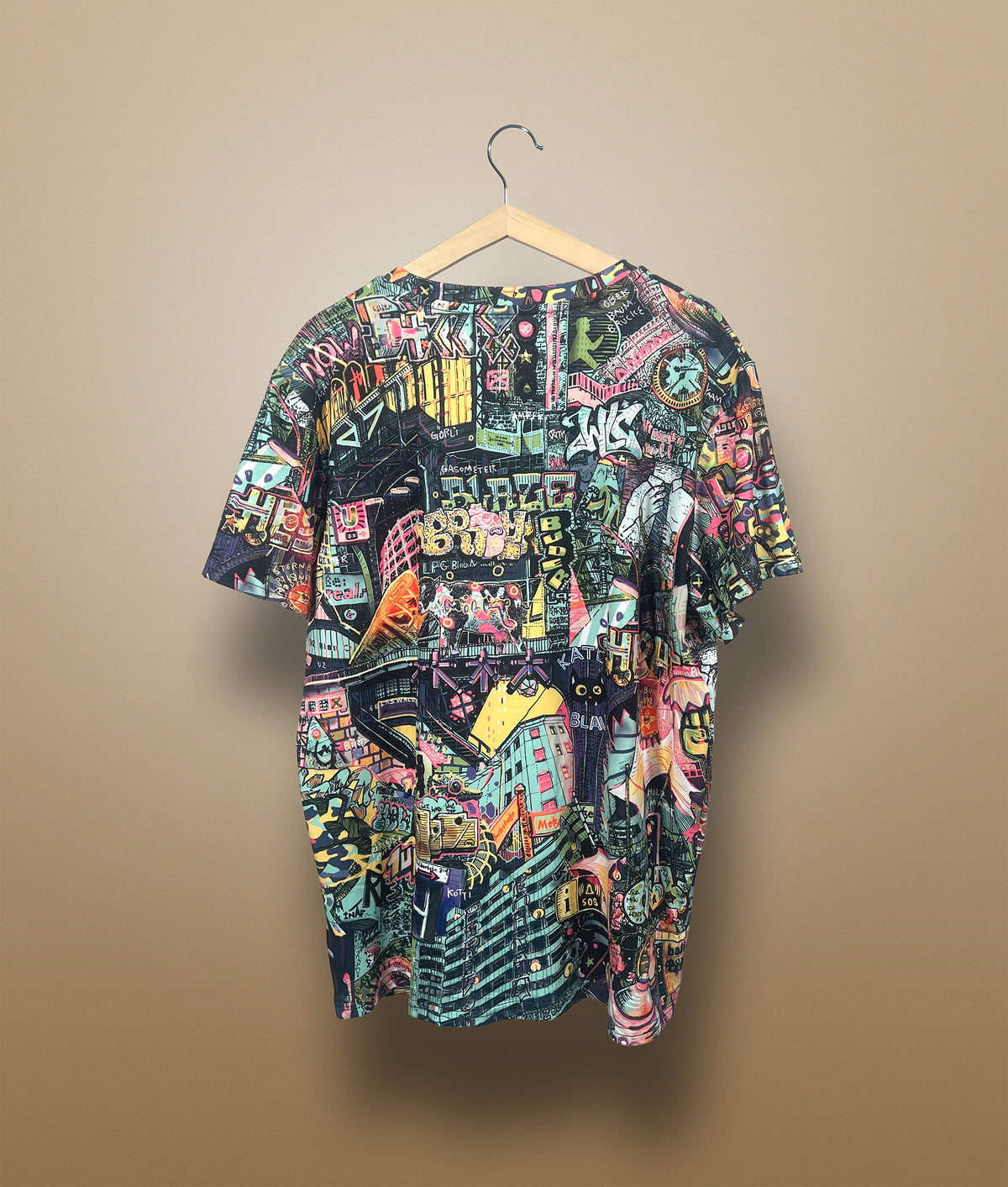 Berlin all over print T-shirt front view hanging on a wooden hanger