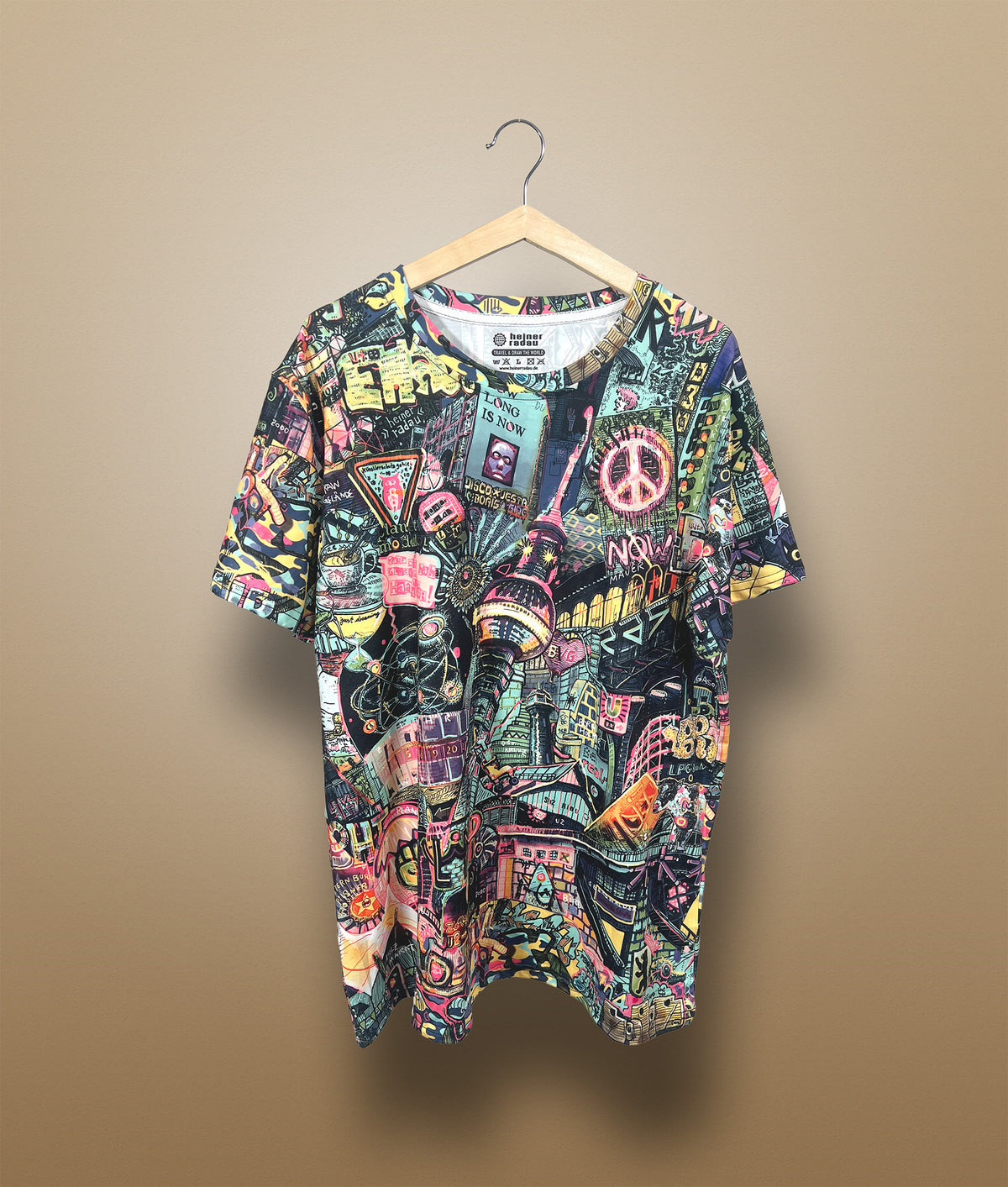 Close-up of colorful Berlin T-shirt print with vibrant colors text graphic