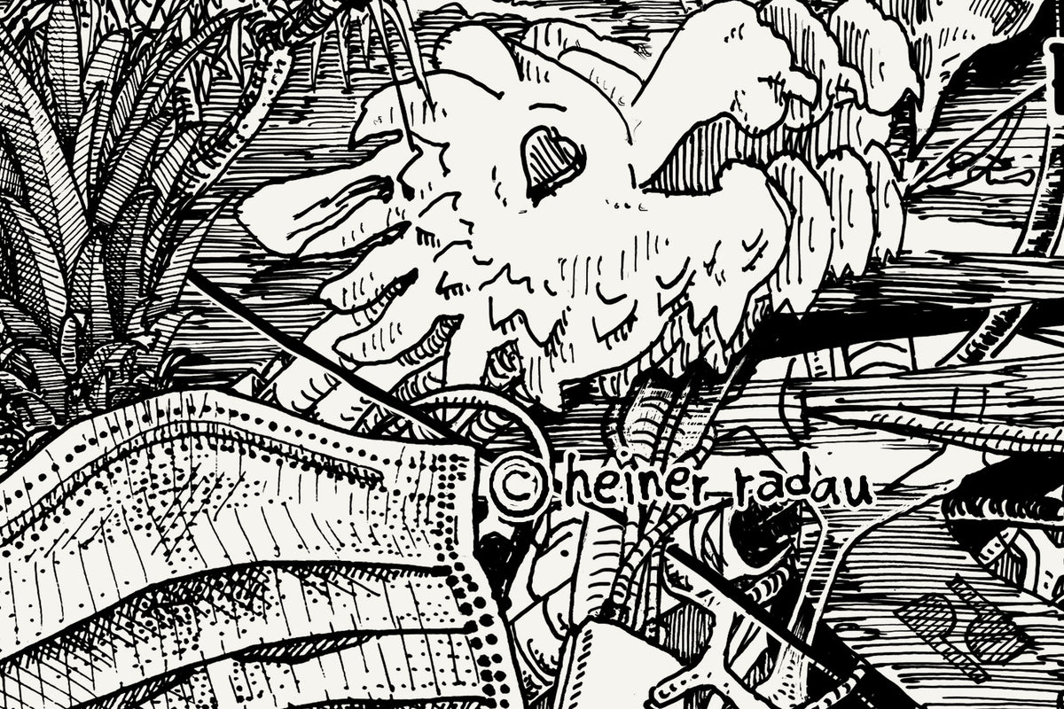 Close-up of the Hanoi ink drawing with the hand-written © heiner radau signature in the lower right corner