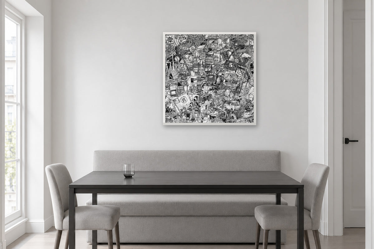 Hanoi fine art poster 70 × 70 cm in a white wood frame above a dining table