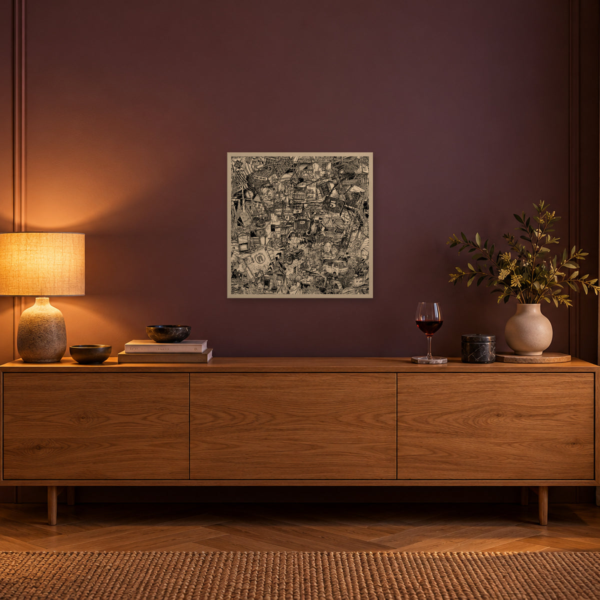 Hanoi fine art poster 50 × 50 cm in a white wood frame above an oak sideboard in warm evening light