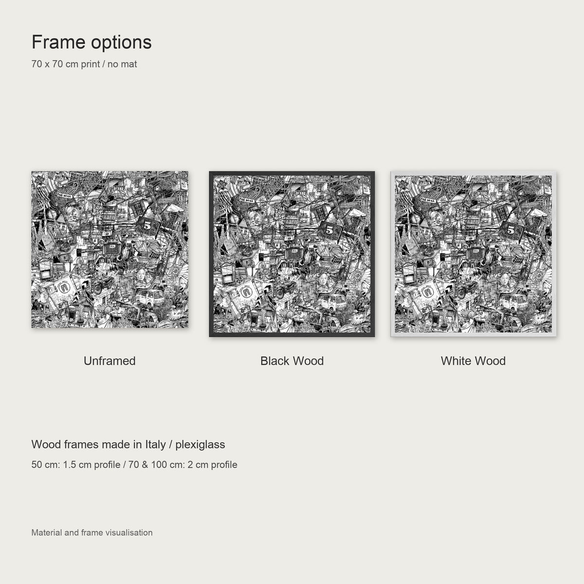 Frame options for the Hanoi fine art poster: unframed, black wood or white wood frame with plexiglass