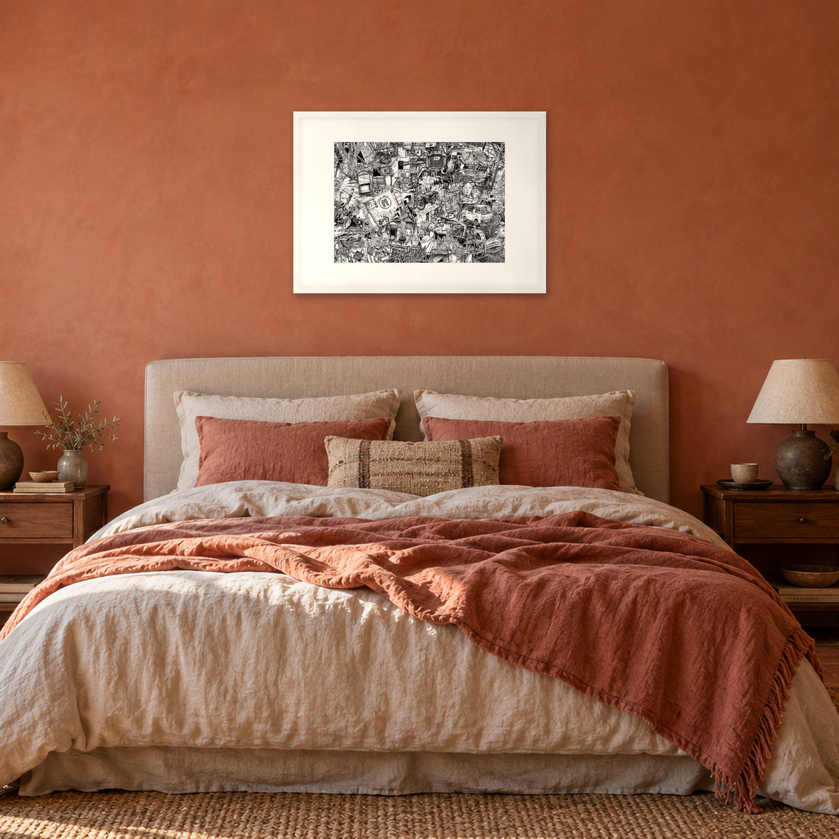 Hanoi fine art poster A1 landscape in a white wood frame with white passepartout above the headboard in a terracotta bedroom
