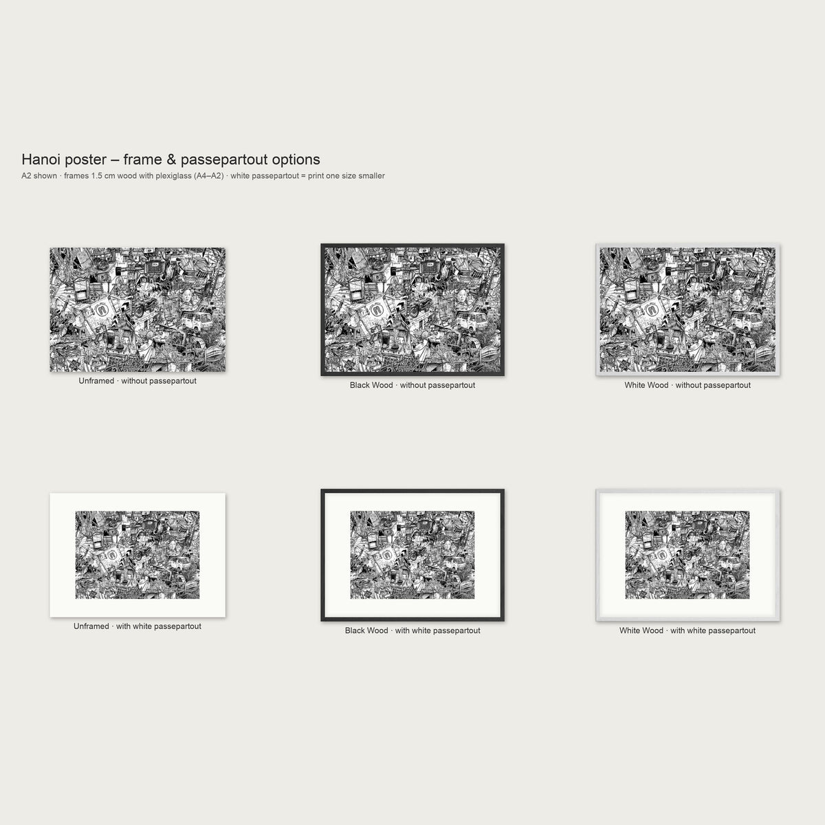 Frame and passepartout options for the Hanoi landscape poster: unframed, black wood or white wood, with or without white passepartout