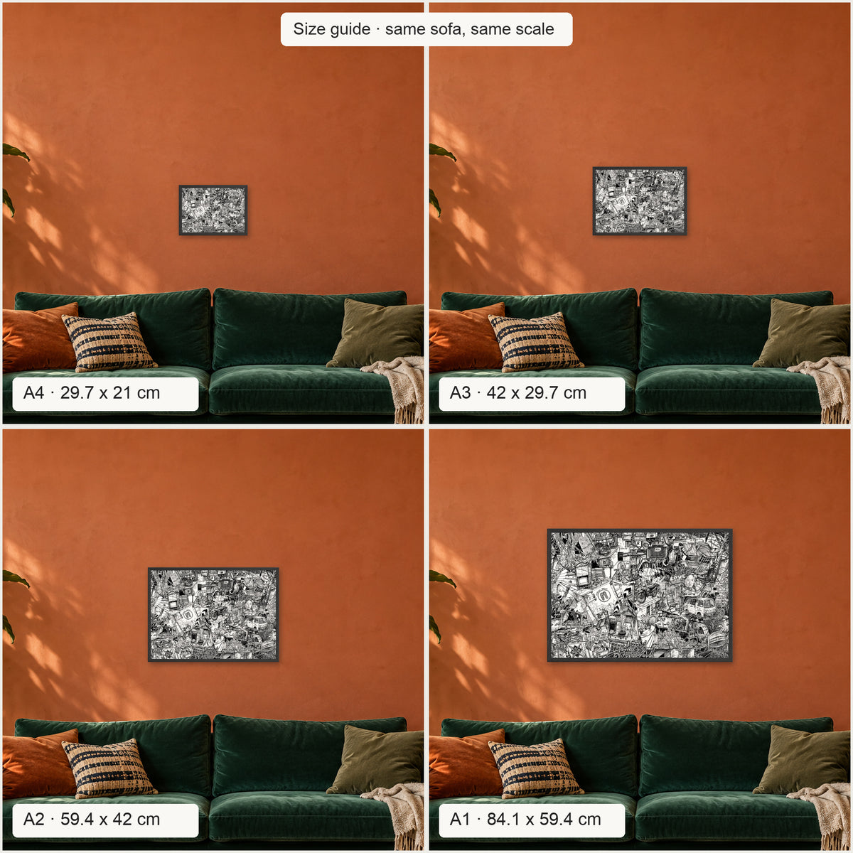 Size guide: Hanoi landscape poster in A4, A3, A2 and A1 above the same sofa, to scale
