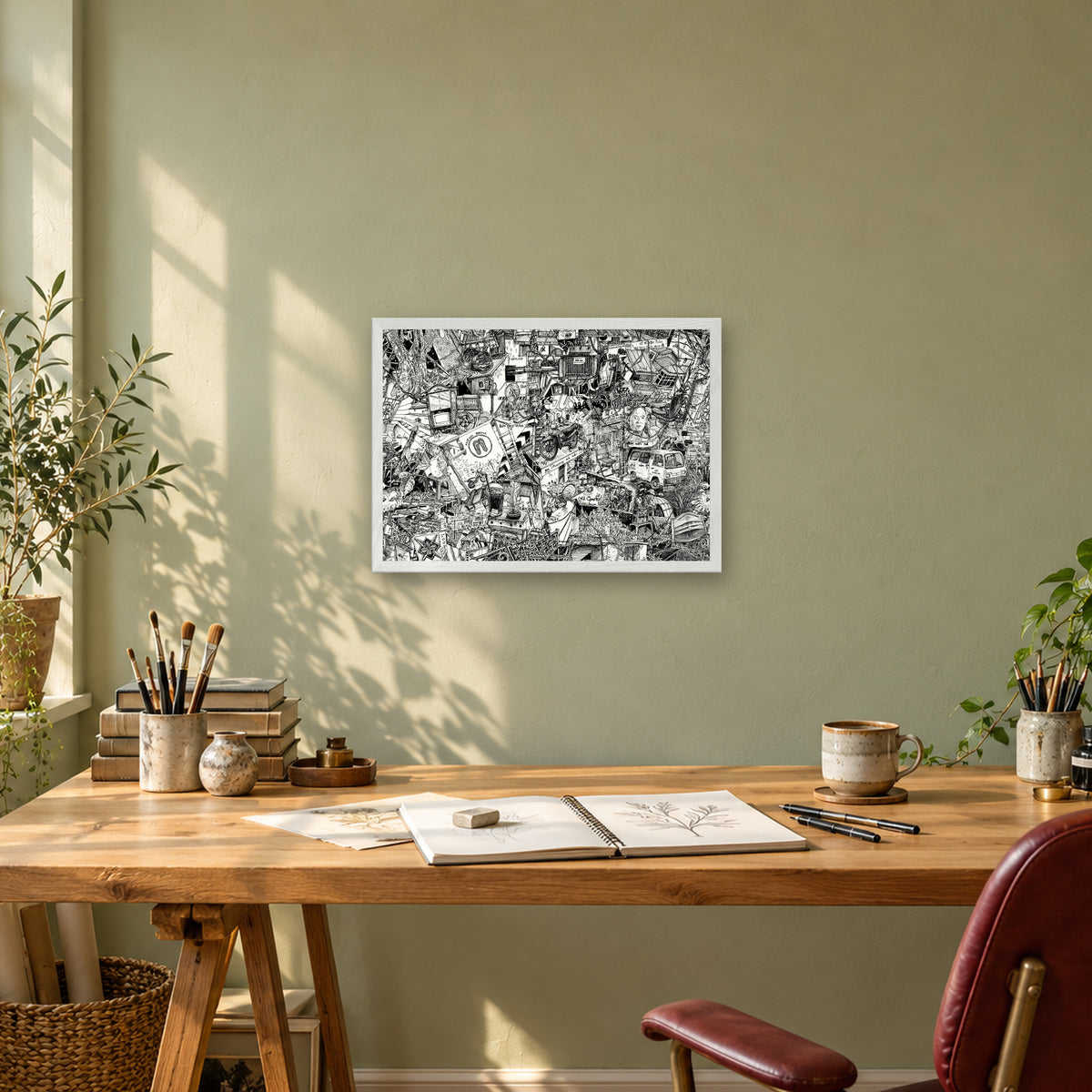 Hanoi fine art poster A3 landscape in a white wood frame above a drawing desk in a sage-green studio