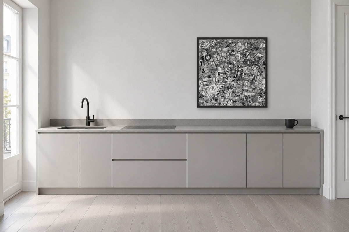 Hanoi fine art poster 50 × 50 cm in a black wood frame above a kitchen counter