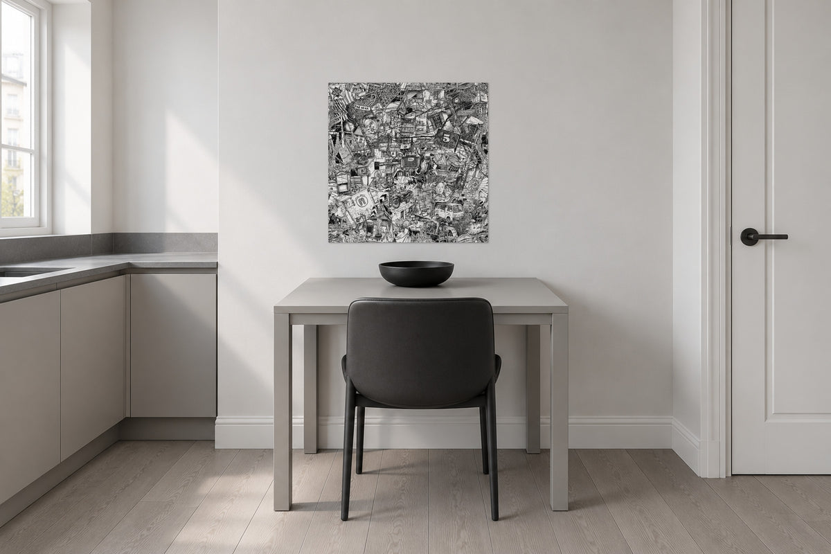 Unframed Hanoi fine art poster 50 × 50 cm above a small kitchen table