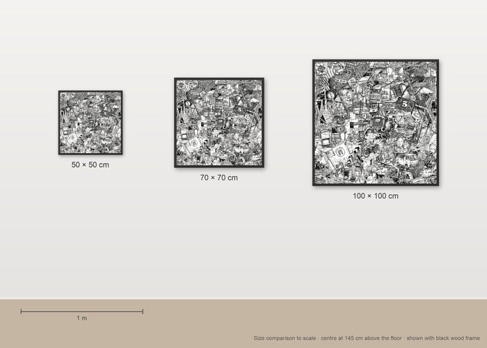 Size comparison of the Hanoi fine art poster in 50 × 50, 70 × 70 and 100 × 100 cm, to scale on a wall