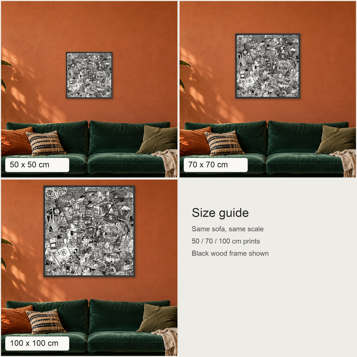 Size guide: Hanoi fine art poster in 50 × 50, 70 × 70 and 100 × 100 cm above the same sofa, to scale