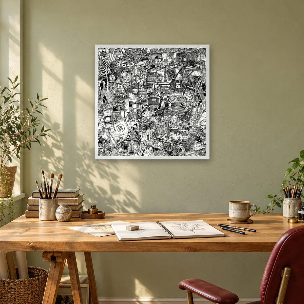 Hanoi fine art poster 50 × 50 cm in a white wood frame above a drawing desk in a sage-green studio