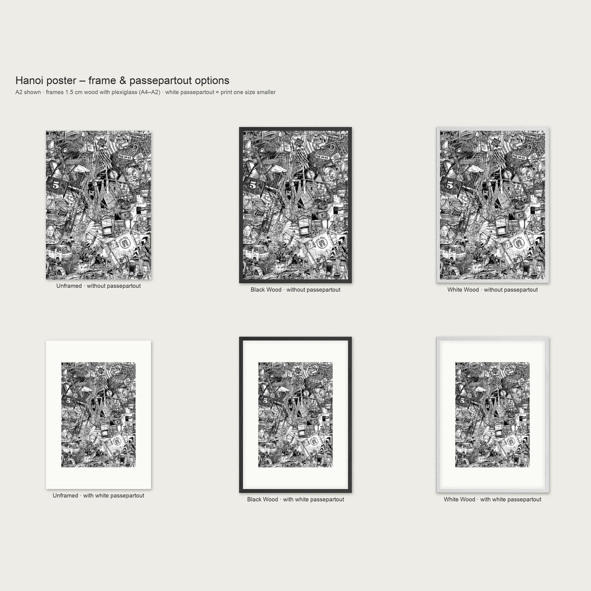 Frame and passepartout options for the Hanoi portrait poster: unframed, black wood or white wood, with or without white passepartout