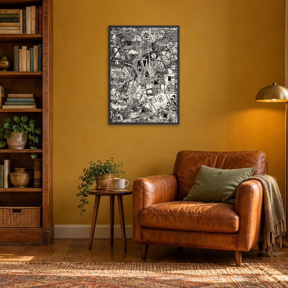 Hanoi fine art poster A1 portrait in a black wood frame above a leather armchair in a mustard-yellow reading corner